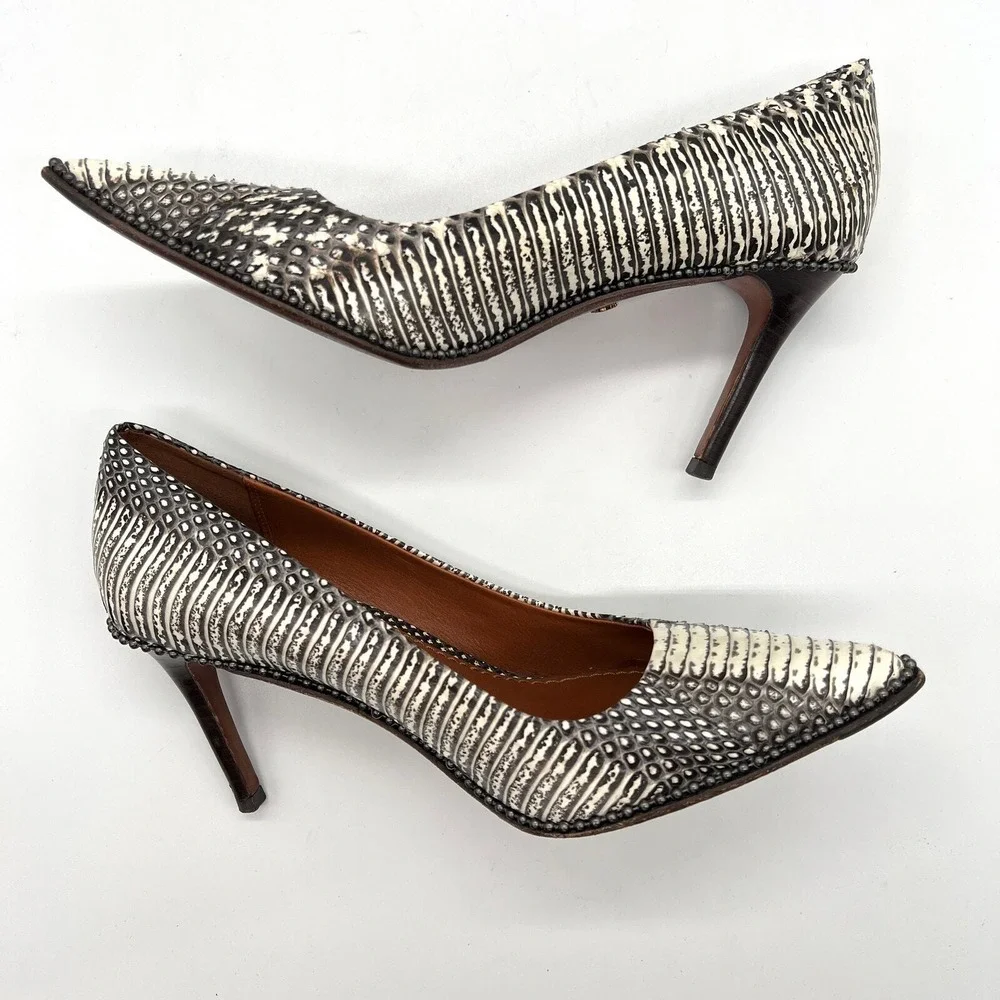 COACH Pumps Women 6 Black White Snakeskin Print Stiletto Pointed Toe Beadchain